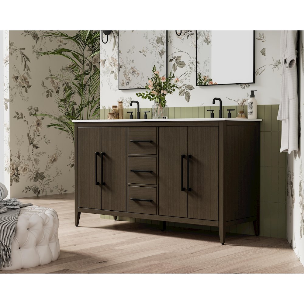 60 Inch Double Bathroom Vanity In Mocha Brown