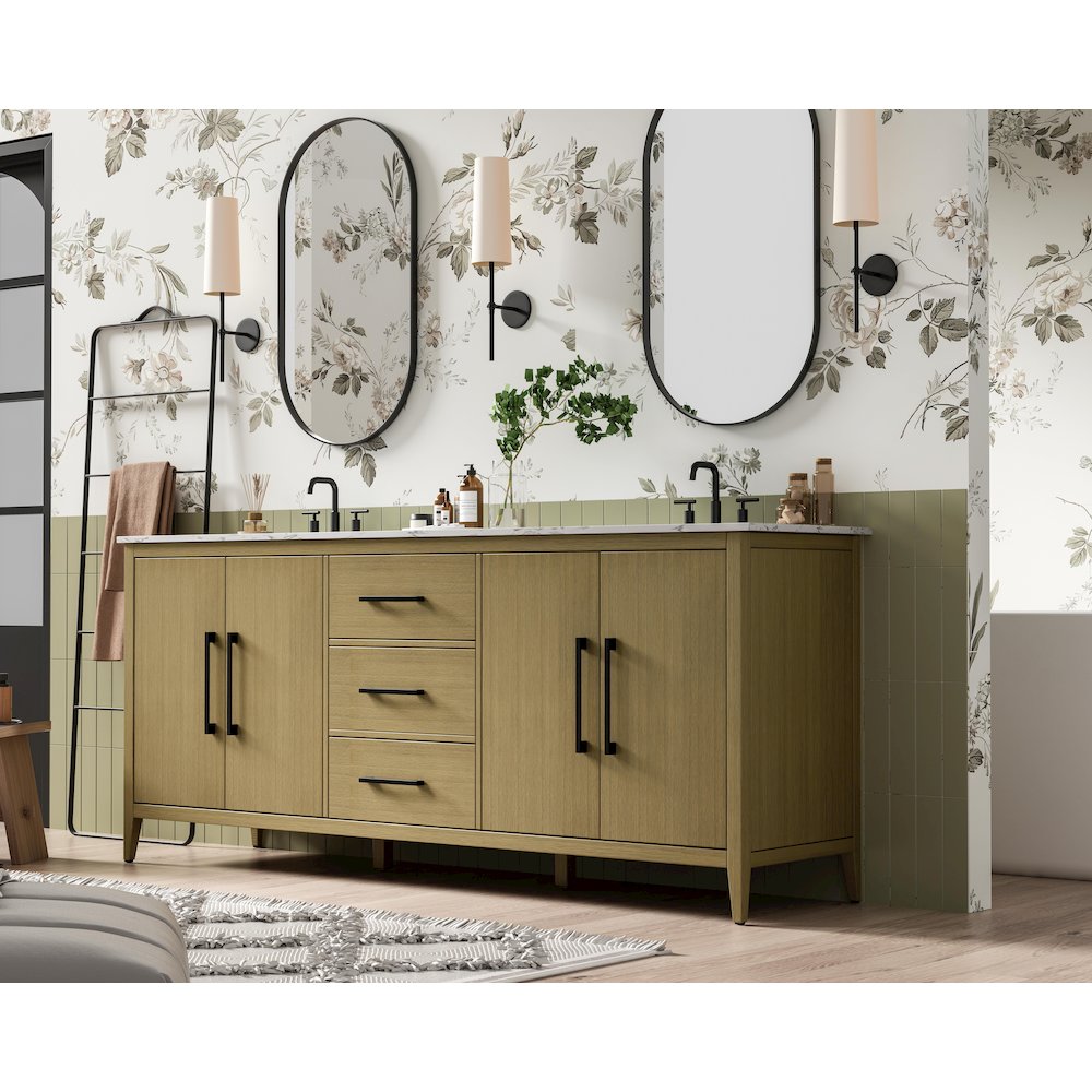 84 Inch Double Bathroom Vanity In Honey Brown