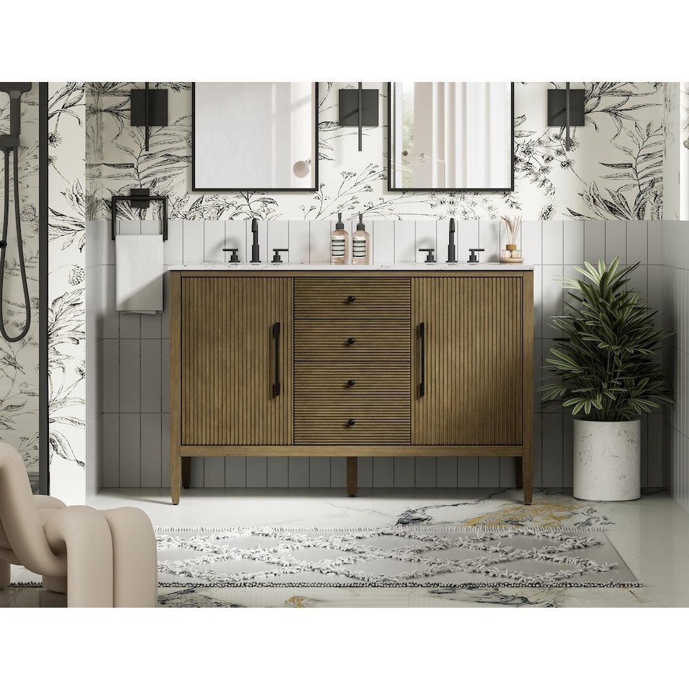 54 inch Double Bathroom Vanity in Hazel Oak
