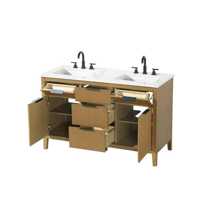 54 inch Double Bathroom Vanity in Honey Teak