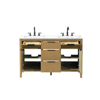54 inch Double Bathroom Vanity in Honey Teak