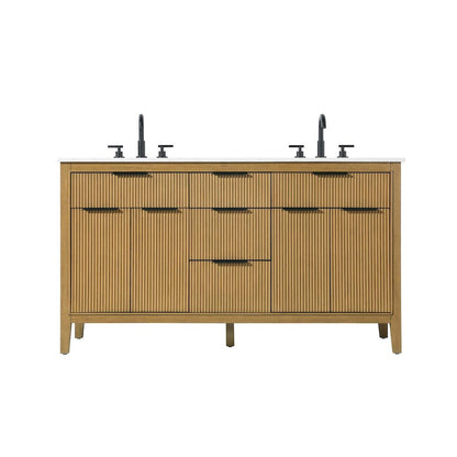 60 inch Double Bathroom Vanity in Honey Teak