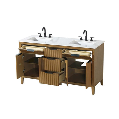 60 inch Double Bathroom Vanity in Honey Teak