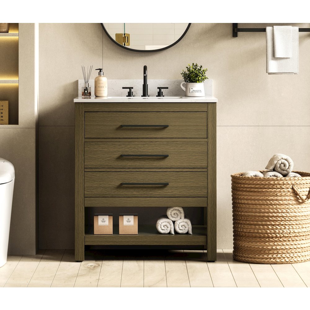 30 inch Single Bathroom Vanity in Chestnut Brown with backsplash