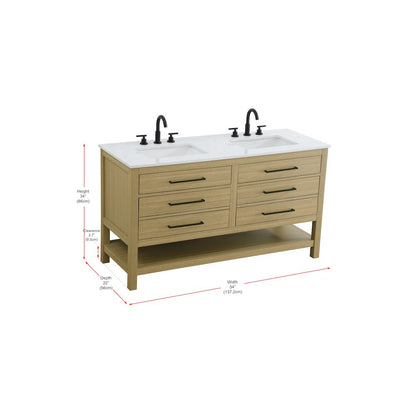 54 inch Double Bathroom Vanity in Honey Brown