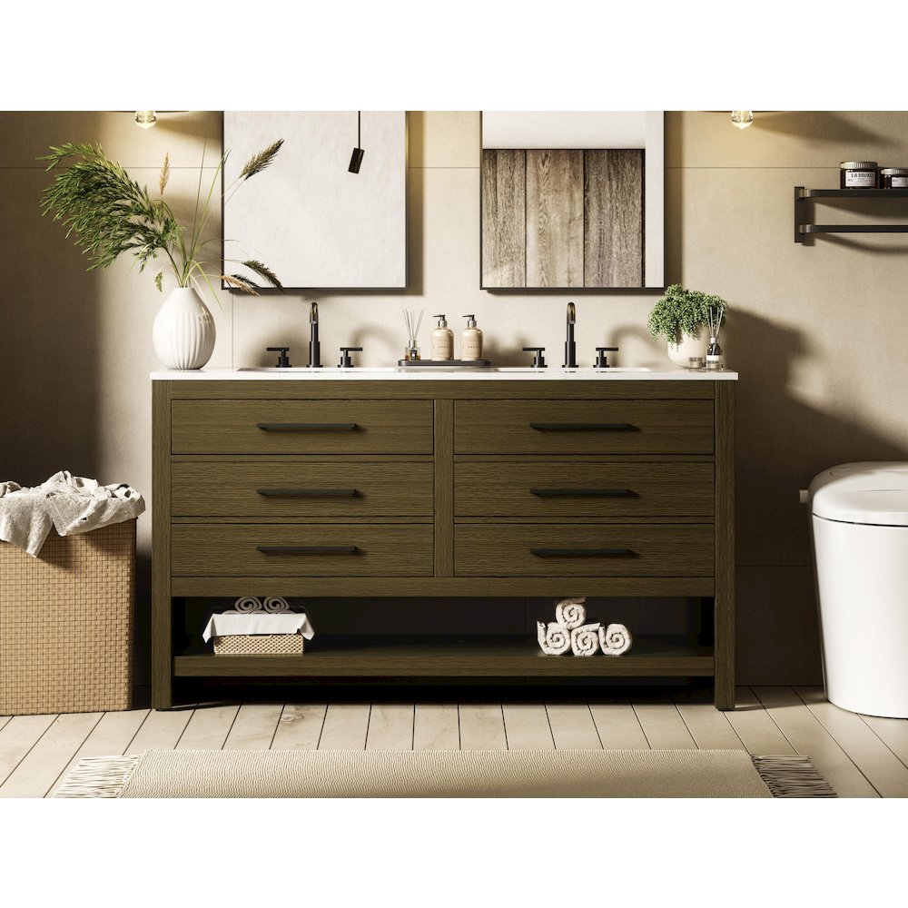 60 inch Double Bathroom Vanity in Chestnut Brown