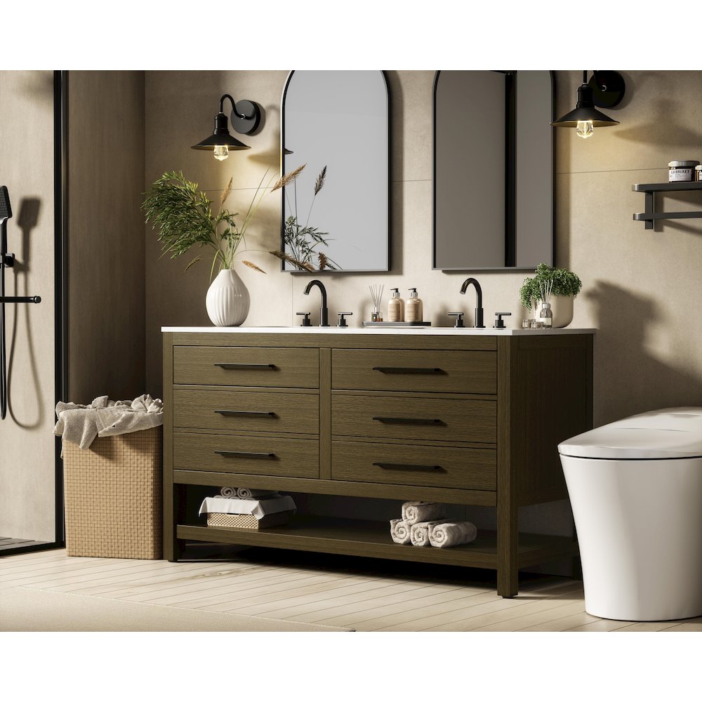 60 inch Double Bathroom Vanity in Chestnut Brown