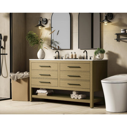 60 inch Double Bathroom Vanity in Honey Brown