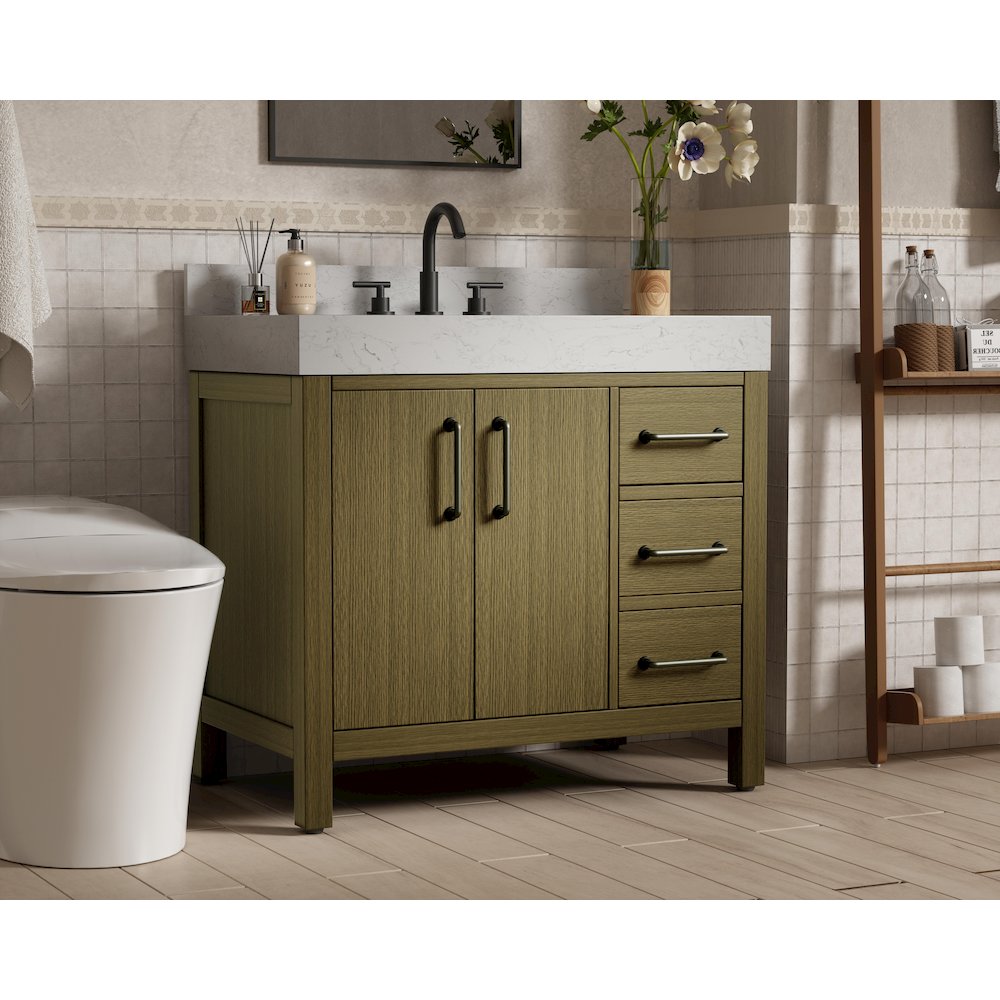 36 inch Single Bathroom Vanity In Chestnut Brown with backsplash