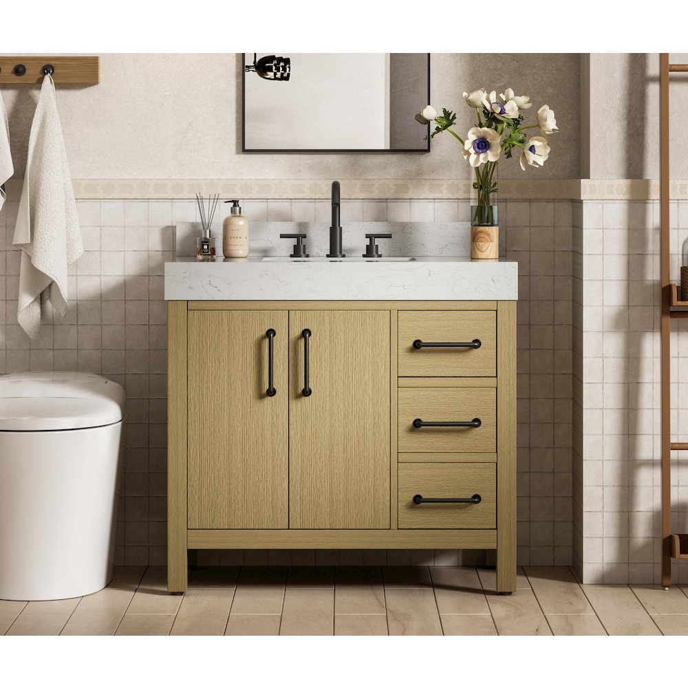 36 inch Single Bathroom Vanity In Honey Brown with backsplash