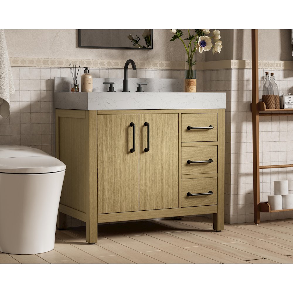 36 inch Single Bathroom Vanity In Honey Brown with backsplash