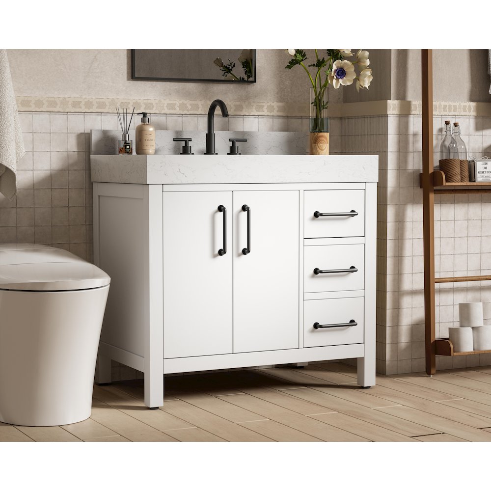36 inch Single Bathroom Vanity In White with backsplash