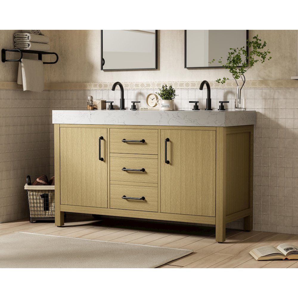 54 inch Double Bathroom Vanity In Honey Brown