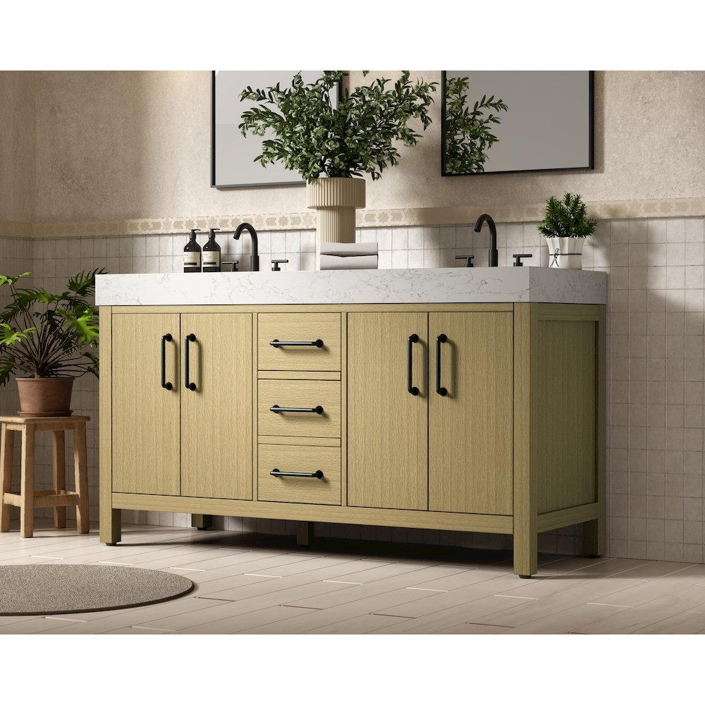 60 inch Double Bathroom Vanity In Honey Brown