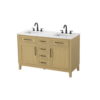 54 inch Double Bathroom Vanity in Honey Brown