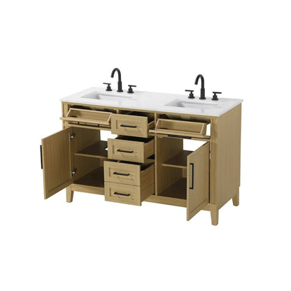 54 inch Double Bathroom Vanity in Honey Brown