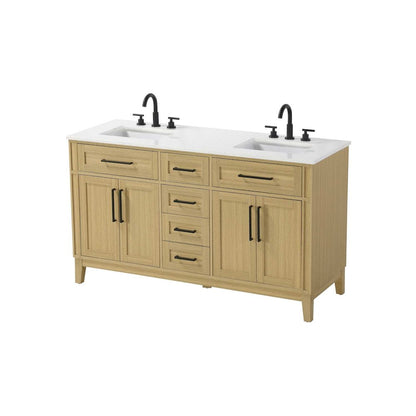 60 inch Double Bathroom Vanity in Honey Brown