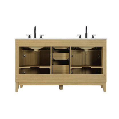 60 inch Double Bathroom Vanity in Honey Brown