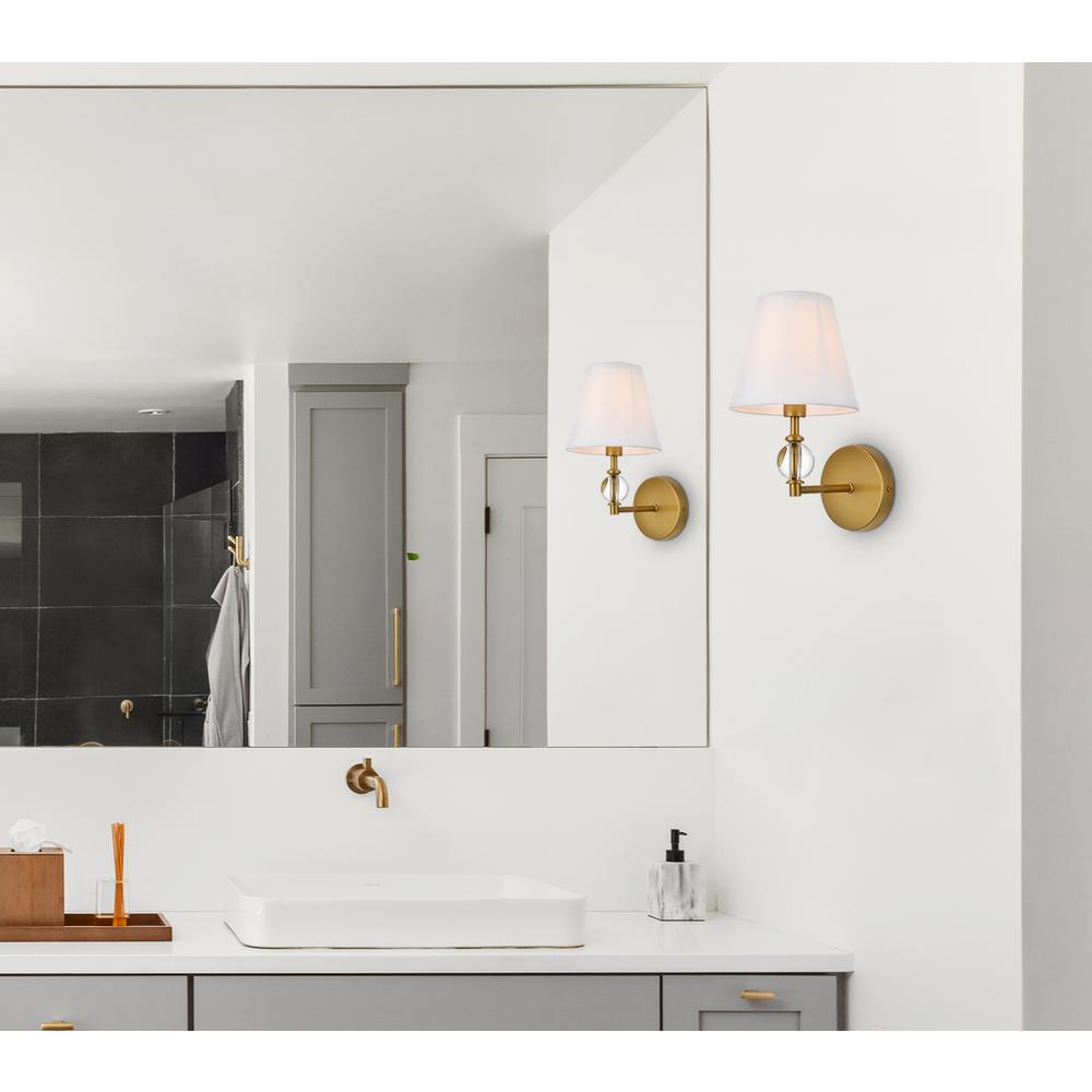 Bethany 1 light bath sconce in brass with white fabric shade