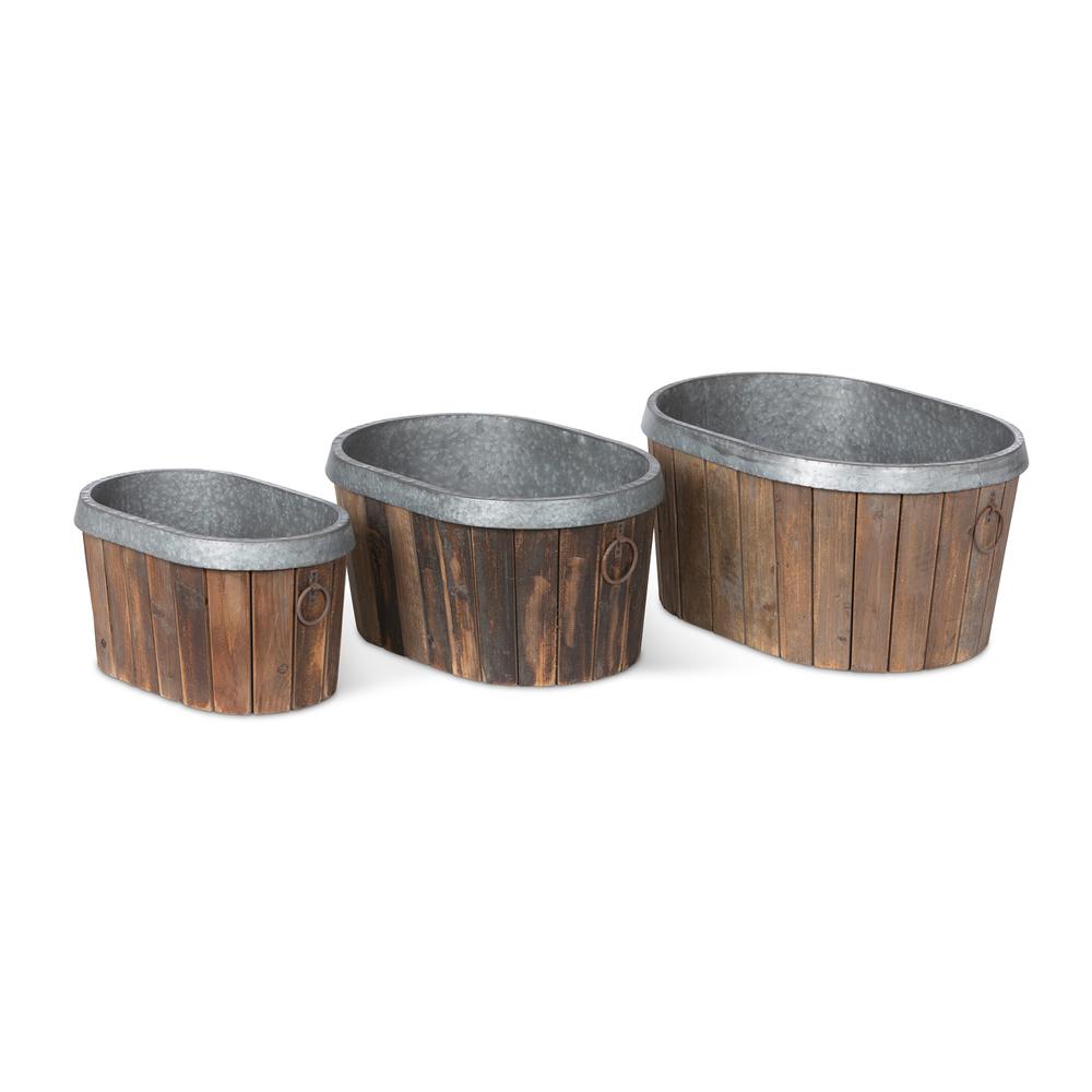 Galvanized Wooden Oval Tubs, Set of 3