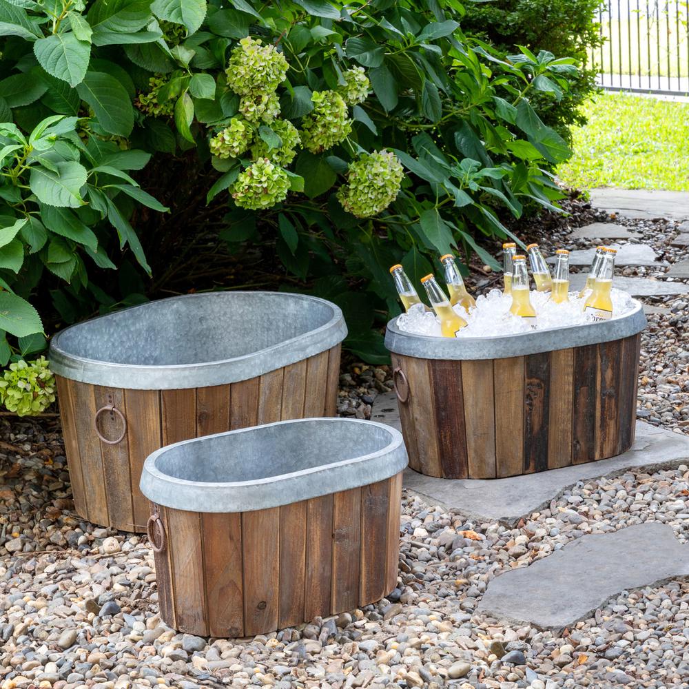 Galvanized Wooden Oval Tubs, Set of 3