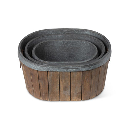 Galvanized Wooden Oval Tubs, Set of 3