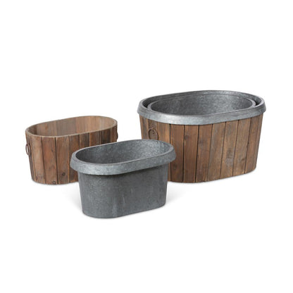 Galvanized Wooden Oval Tubs, Set of 3