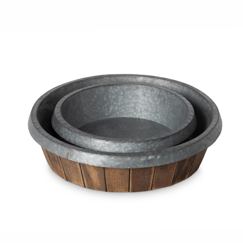 Galvanized Lined Round Wooden Trays, Set of 2