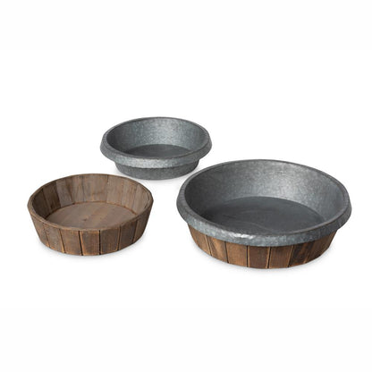 Galvanized Lined Round Wooden Trays, Set of 2