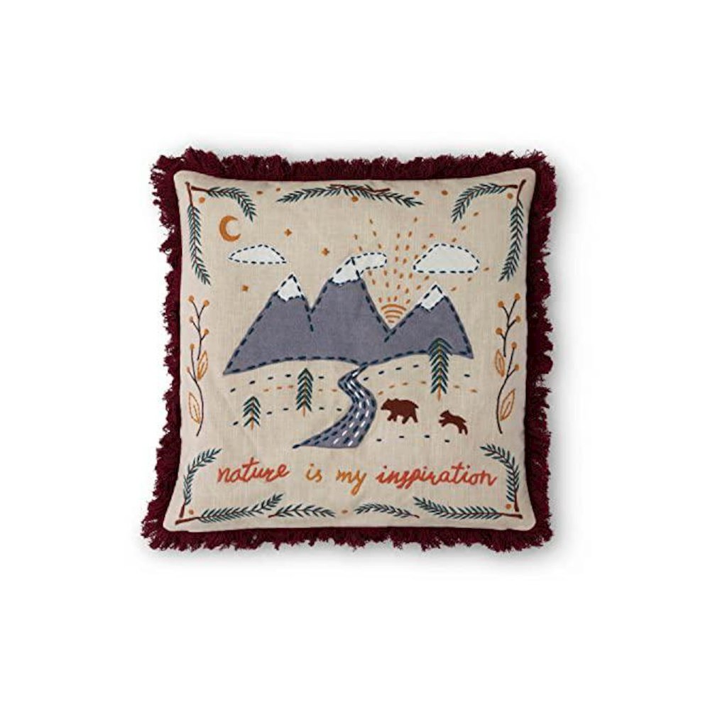 Mountain Road Appliqued Cotton Pillow
