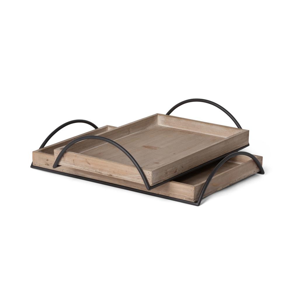Wood Trays with Iron Handle, Set of 2