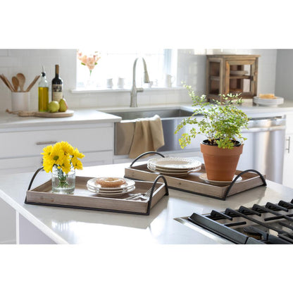 Wood Trays with Iron Handle, Set of 2
