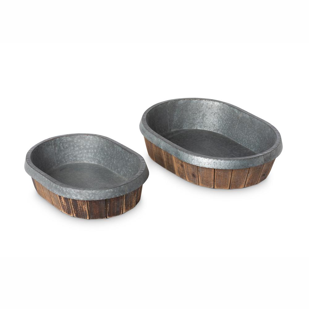 Galvanized Lined Wooden Oval Trays, Set of 2
