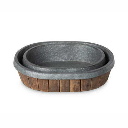 Galvanized Lined Wooden Oval Trays, Set of 2