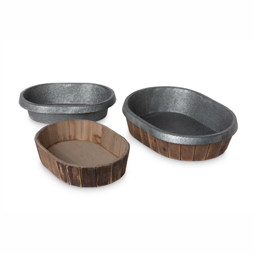 Galvanized Lined Wooden Oval Trays, Set of 2