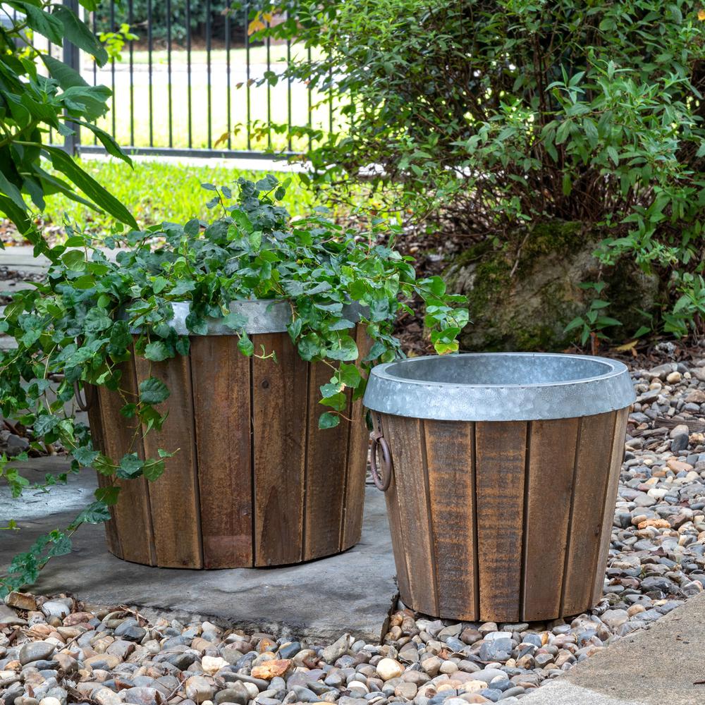 Galvanized Lined Wooden Planters, Set of 2