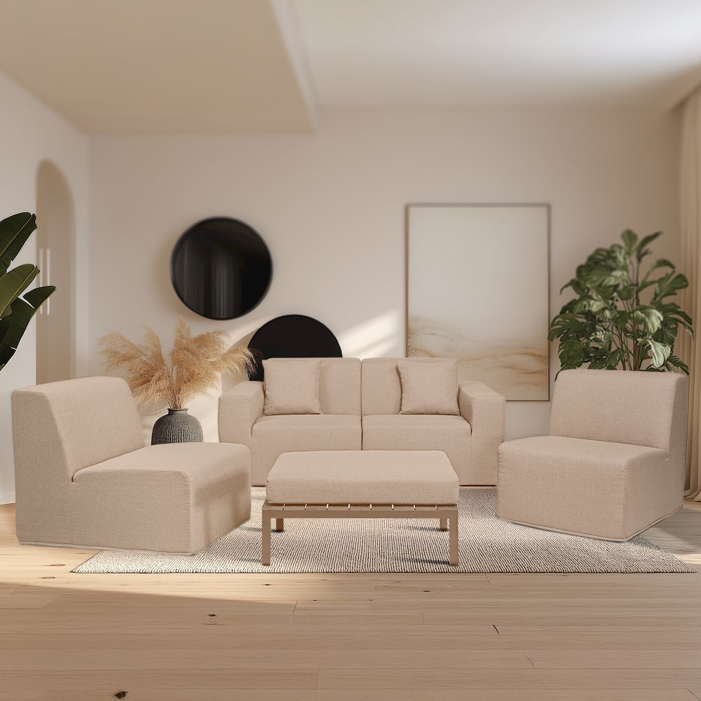 4 Place Seating  Brown Compressed Foam Sectional Sofa and Ottoman Set
