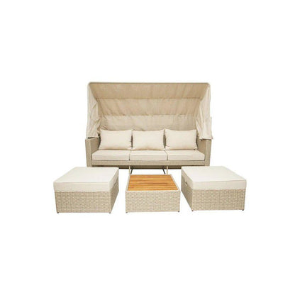 Outdoor Wicker Patio Sofa with Canopy & Ottoman Set