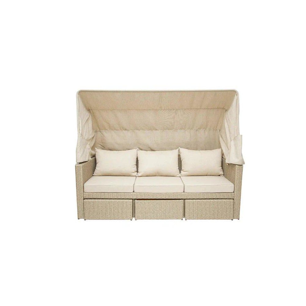 Outdoor Wicker Patio Sofa with Canopy & Ottoman Set