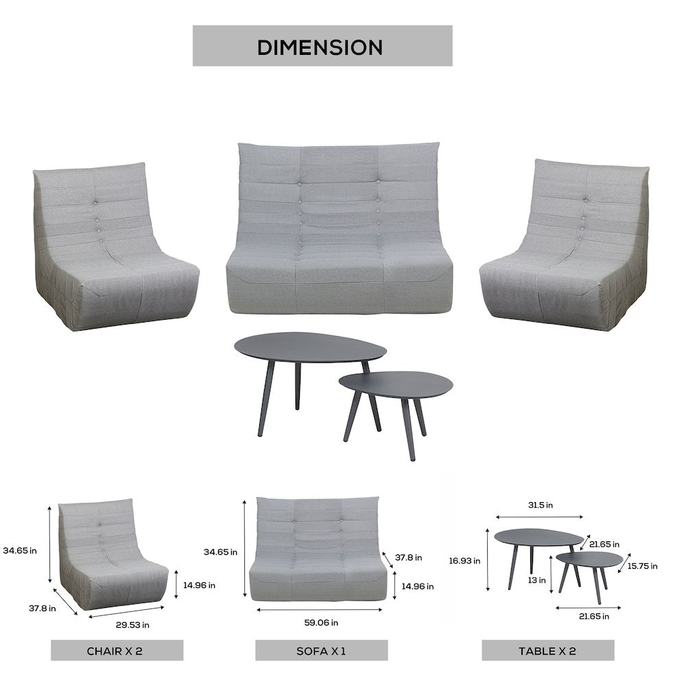 5 Piece Gray Compressed Foam Loveseat Sofa Chairs and Table Set