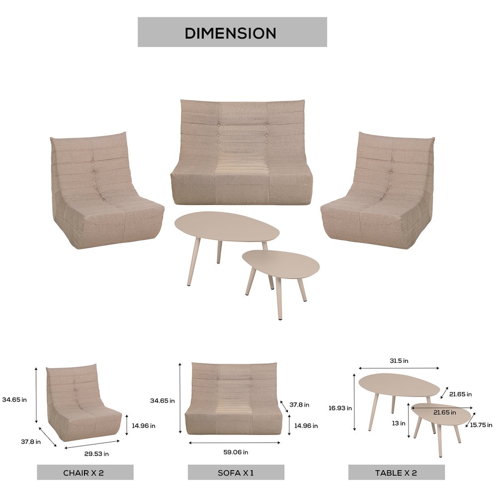 5 Piece Brown Compressed Foam Loveseat Sofa Chairs and Table Set