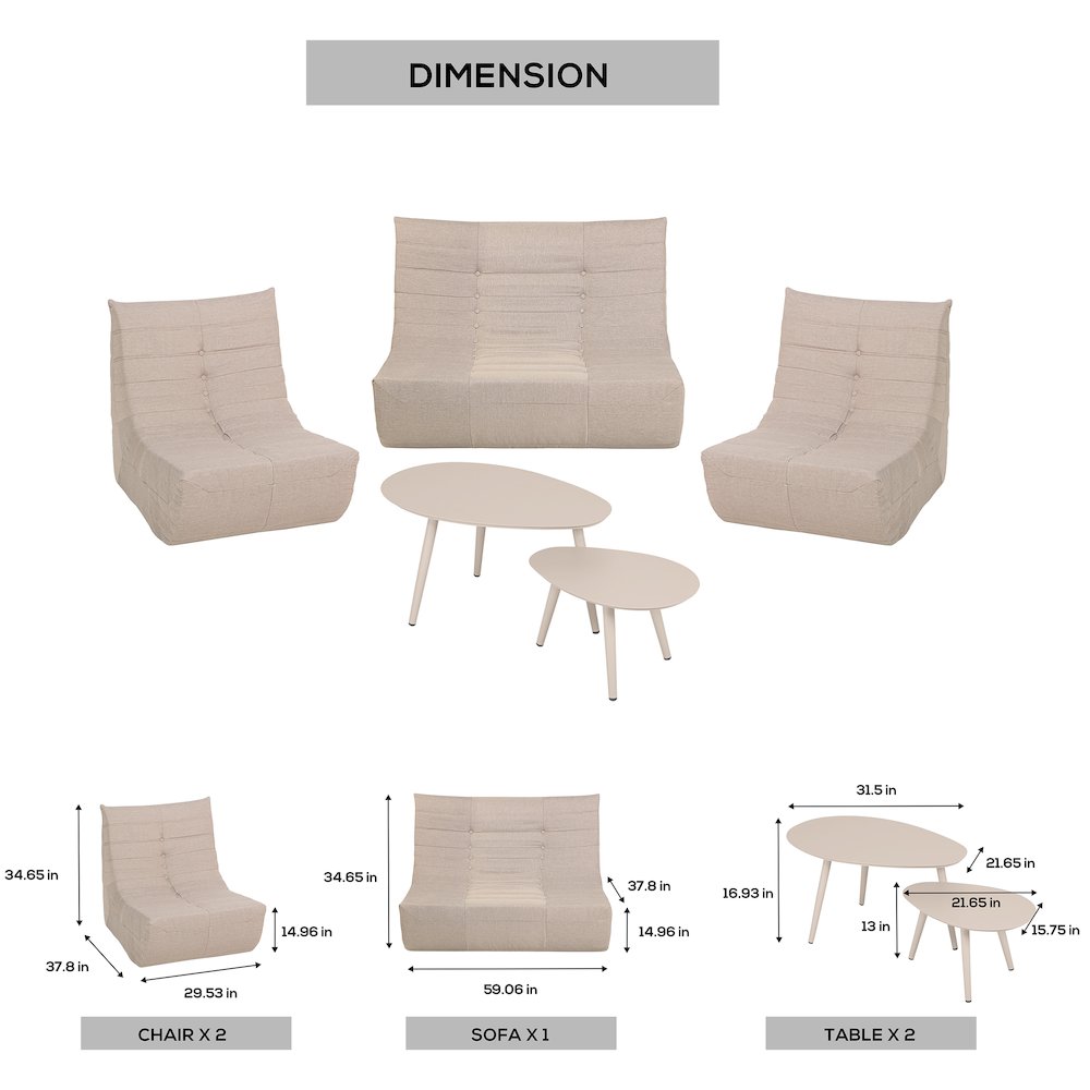 5 Piece Beige Compressed Foam Loveseat Sofa Chairs and Table Set
