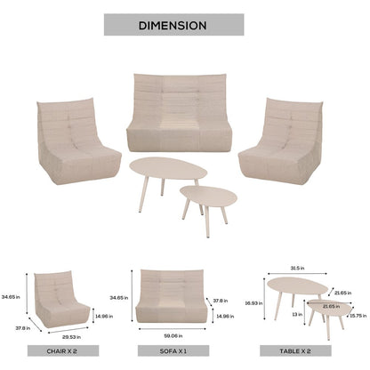 5 Piece Beige Compressed Foam Loveseat Sofa Chairs and Table Set