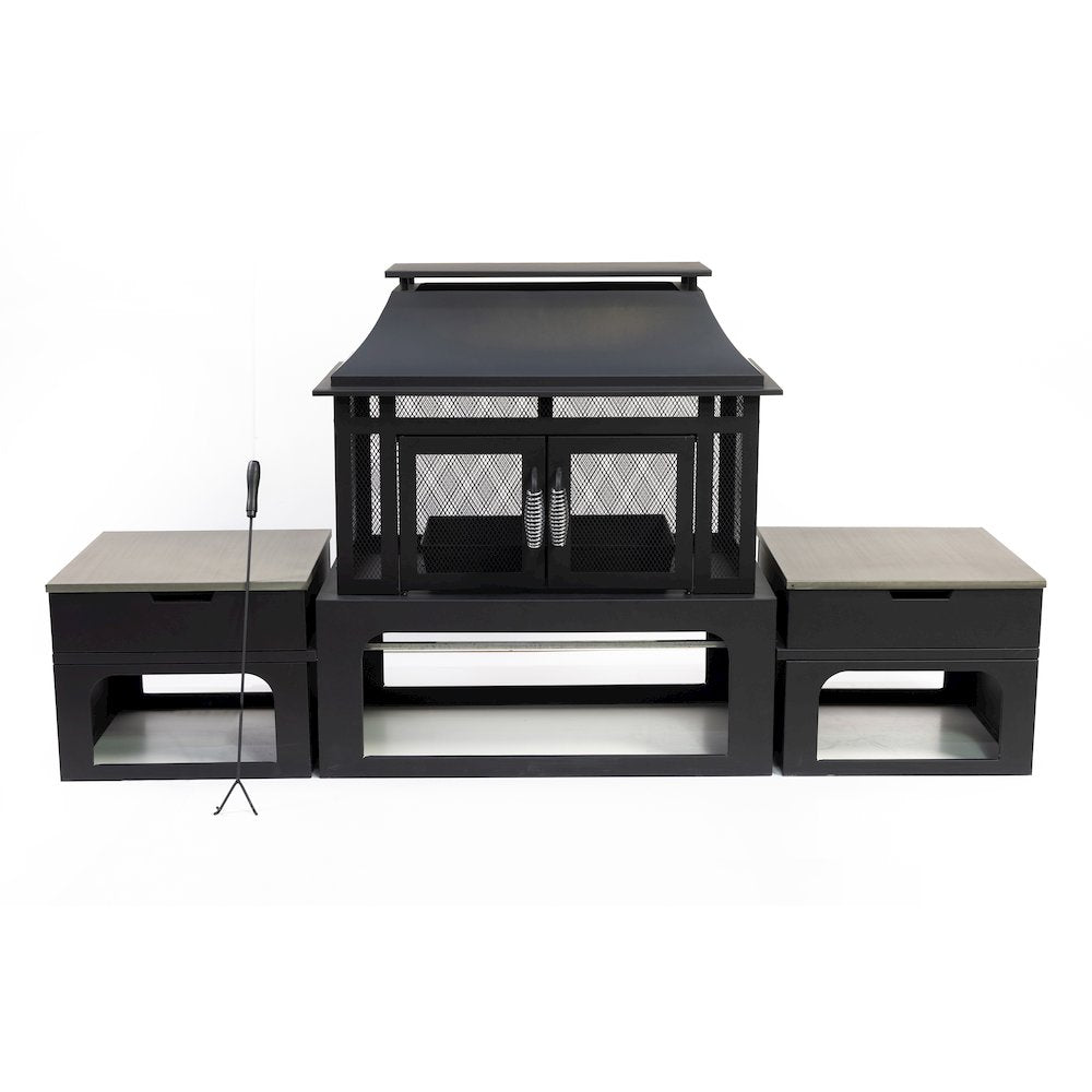 Steel Woodburning Fireplace with Log Storage Compartment & Side Tables