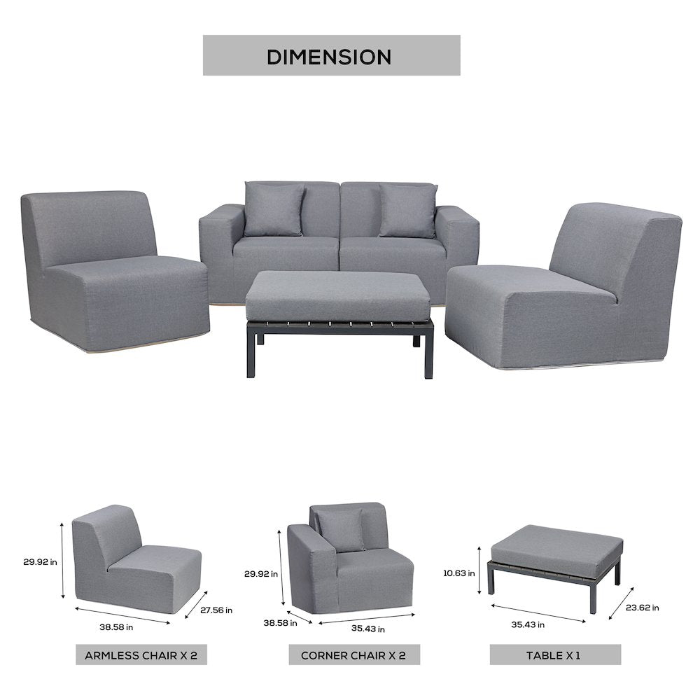 4 Place Seating Gray Outdoor Compressed Foam Sectional Sofas and Ottoman Set