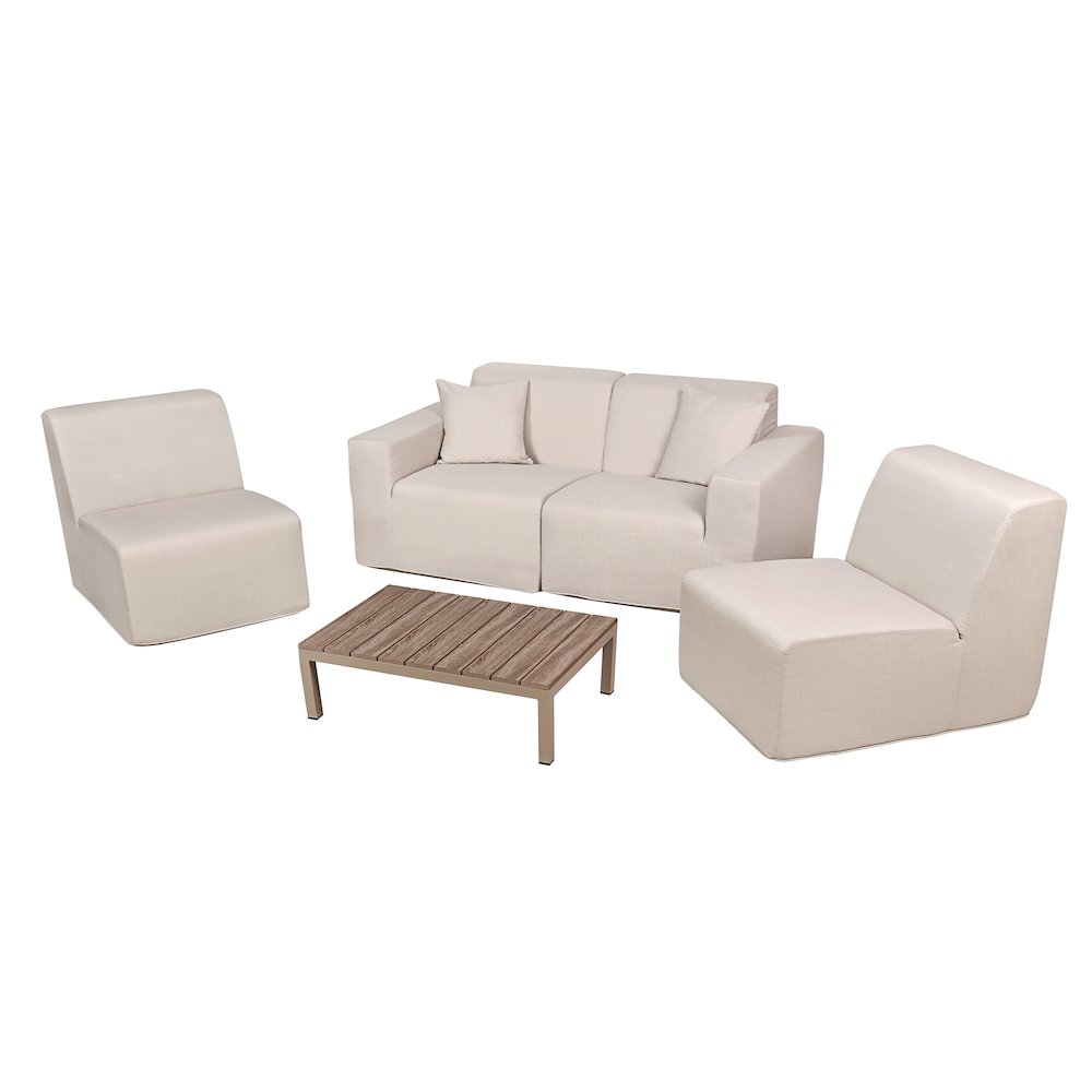 4 Place Seating Beige Outdoor Compressed Foam Sectional Sofas and Ottoman Set