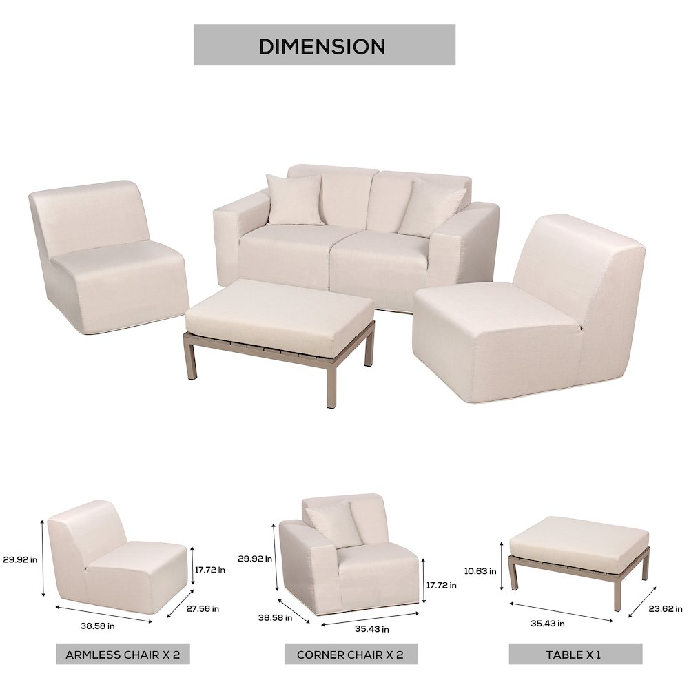 4 Place Seating Beige Outdoor Compressed Foam Sectional Sofas and Ottoman Set
