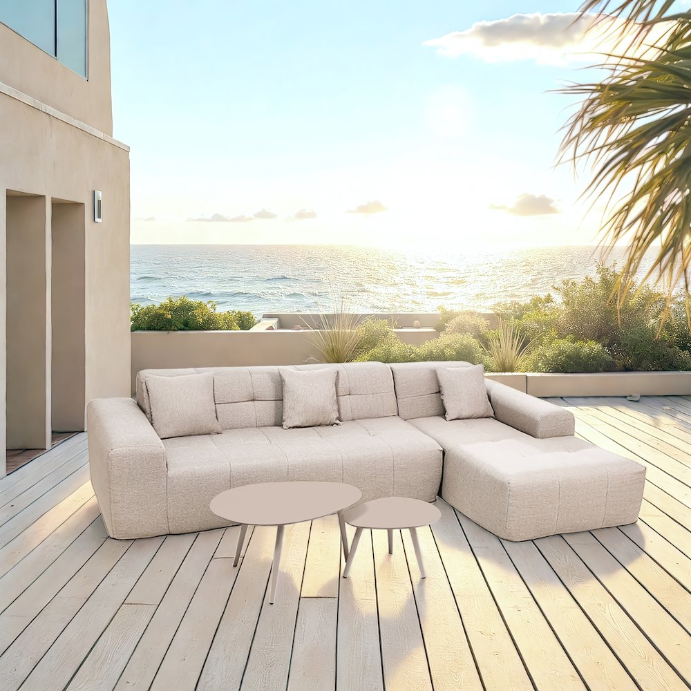 4 Piece Beige Outdoor Compressed Foam Sectional Sofa Lounger and Table Set