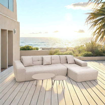 4 Piece Beige Outdoor Compressed Foam Sectional Sofa Lounger and Table Set