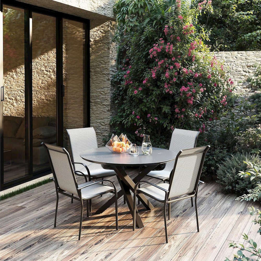 4 Place Grey Outdoor Aluminum Round Patio Dining Table and Stackable Chairs Set